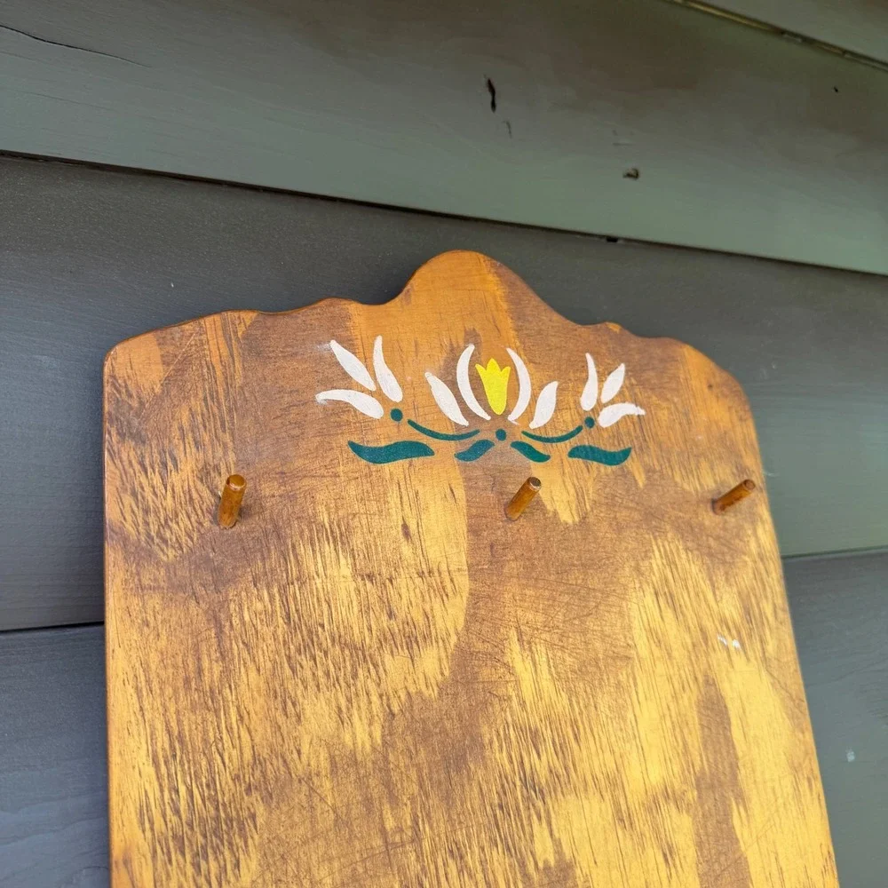 Vintage Wooden Wall Hanging Key Rack Brown Hand Painted Floral Folk Art Decor